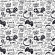 Seamless pattern with joysticks, text and headphones for a boy. Hand drawing, typography, cool background for game designs. Print for children's textiles, paper, T-shirts. Doodles and lettering.