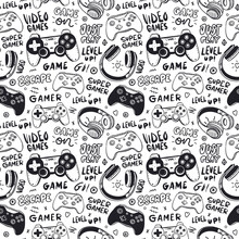 Seamless Pattern With Joysticks, Text And Headphones For A Boy. Hand Drawing, Typography, Cool Background For Game Designs. Print For Children's Textiles, Paper, T-shirts. Doodles And Lettering.