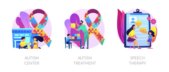 Wall Mural - Autism spectrum disorder, neuroontogenetic disease, mental development lag. Autism center, autism treatment, speech therapy metaphors. Vector isolated concept metaphor illustrations.