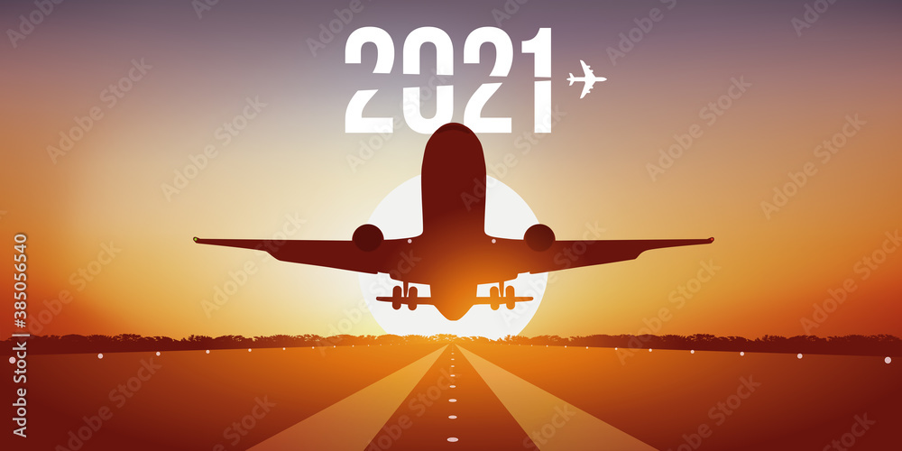Carte de vœux 2021 pour les compagnies aériennes, montrant un avion prenant son envol, en décollant de la piste d’un aéroport devant un coucher de soleil. - obrazy, fototapety, plakaty 