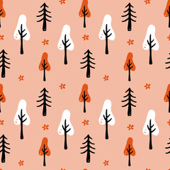 Poster - Set of hand drawn seamless pattern forest with tree and flower. Doodle style illustration.