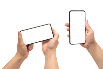 Smart phone in man hand isolated on white background.  White screen.