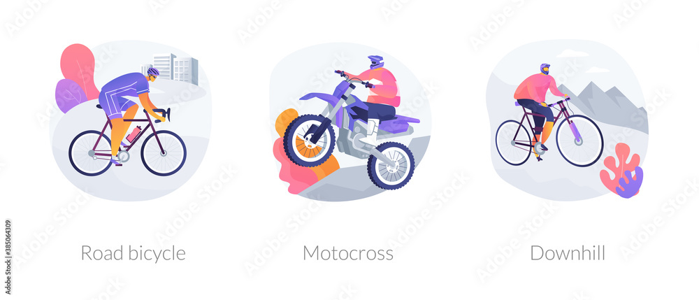 Adventure sport abstract concept vector illustration set. Road bicycle, motocross and downhill, extreme bike, motorbike race, mountain freeride, holiday adventure, cycling travel abstract metaphor. - obrazy, fototapety, plakaty 