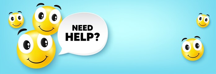 Poster - need help symbol. smile face with speech bubble. support service sign. faq information. smile charac