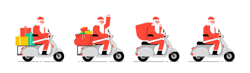 Santa Claus driving scooter. Flat Style. isolated on white background