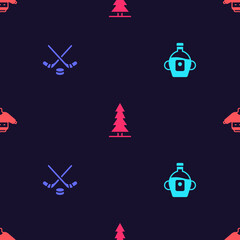 Poster - Set Maple syrup, Ice hockey sticks and puck, Canadian spruce and Christmas sweater on seamless pattern. Vector.