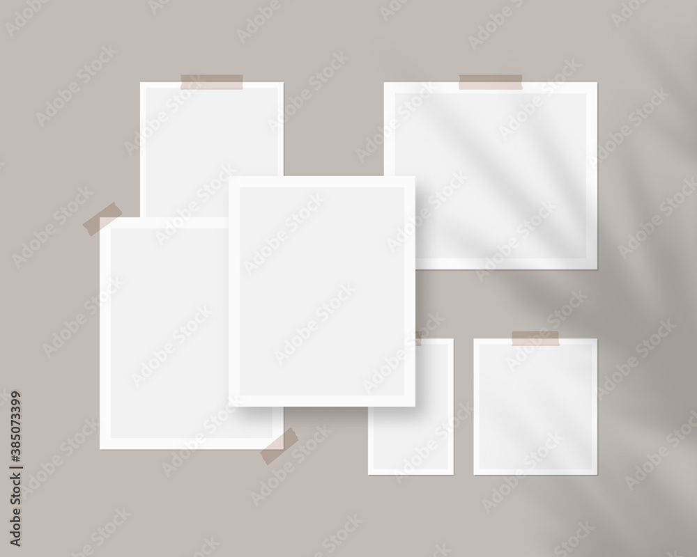 Mood board mockup template. Empty sheets of white paper on the wall with shadow overlay. Mockup vector isolated. Template design. Realistic vector illustration. - obrazy, fototapety, plakaty 