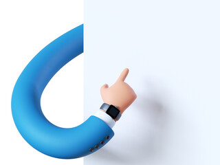 3d render, flexible cartoon character hand in blue sleeve, finger points up, blank poster mockup. Business clip art isolated on white background