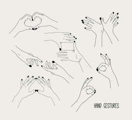 Canvas Print - Set of hand gestures showing human relationships. Love and care. Contour vector illustration with heart shaped hands, reaching hands. Simple linear sketch with body language for design