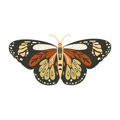 Wall Mural - boho vector art design with bohemian butterfly. isolated insect icon, hand drawn illustration on a w