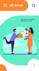 Wall Mural - Young father giving present to wife with child. Gift, box, boy flat vector illustration. Family and birthday concept for banner, website design or landing web page