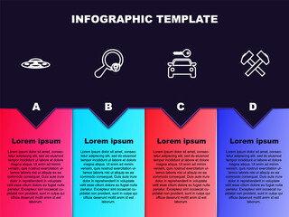 Set line UFO flying spaceship, Search location, Car rental and Two crossed hammers. Business infographic template. Vector.