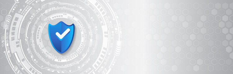 Poster - Internet security concept with shield and hi-tech technology elements background. Cybersecurity and information or network protection.