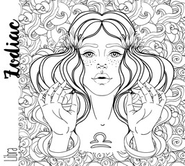 Wall Mural - Illustration of Libra astrological sign as a beautiful girl. Zodiac vector drawing isolated in black and white. Future telling, horoscope, alchemy, spirituality. Coloring book for adults.