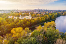 Autumn In Wilanow Palace Garden, Warsaw Distant City Center Aerial View In The Background