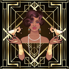 Retro Fashion: Glamour Girl Of Twenties (African American Woman). Vector Illustration. Flapper 20's Style. Vintage Party Invitation Design Template. Fancy Black Lady.