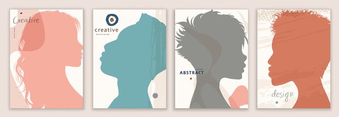 Wall Mural - Vector set abstract creative covers in trendy design editable templates for social media stories. Silhouette man and woman. Design of backgrounds and banners for social network promotion