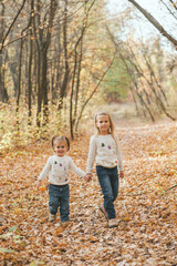 Wall Mural - Portrait of two cheerful small sisters in white sweaters and jeans walking in the park in warm autumn day