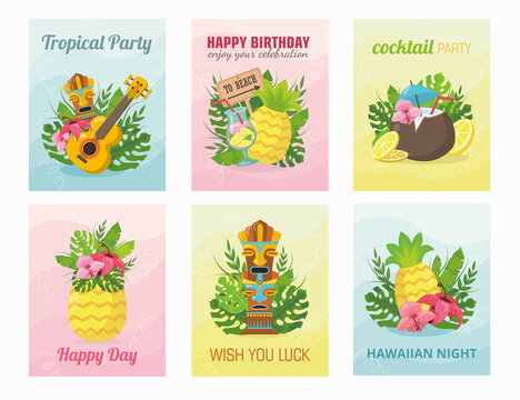 Modern Hawaiian brochures design vector illustration. Tropic and tribal elements on gradient background and text. Summer vacation concept. Template for poster, promotion or sticker