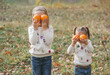 © Olena Zelena - Two small joyful sisters close her eyes with oranges fruits