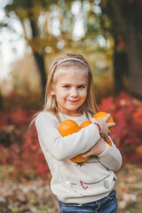 Wall Mural - Portrait of a cute little blonde girl in white christmas sweater holding a lot of oranges fruits and smiling in the park in warm autumn day