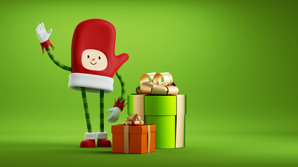 Wall Mural - 3d render. Christmas toy with gift boxes. Red mitten mascot with face hands and legs. Cute little Santa helper. clip art isolated on green background