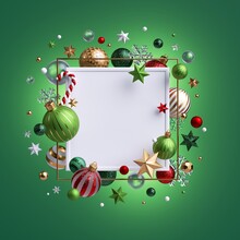 3d Render, Christmas White Square Frame With Blank Copy Space, Decorated With Glass Balls, Festive Ornaments, Poinsettia Flower, Candy Cane, Stars; Isolated On Green Background