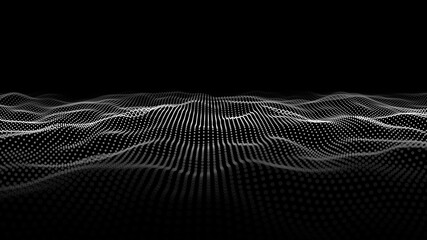 Abstract wave with moving dots. Flow of particles. Vector cyber technology illustration.