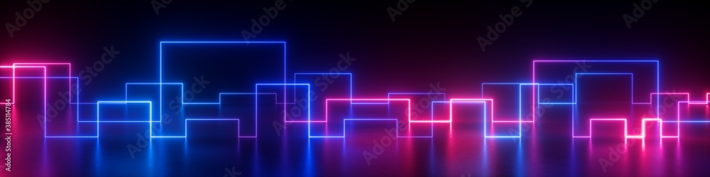 3d rendering, abstract panoramic retro synth wave neon background. Glowing square lines in ultraviolet spectrum - obrazy, fototapety, plakaty 