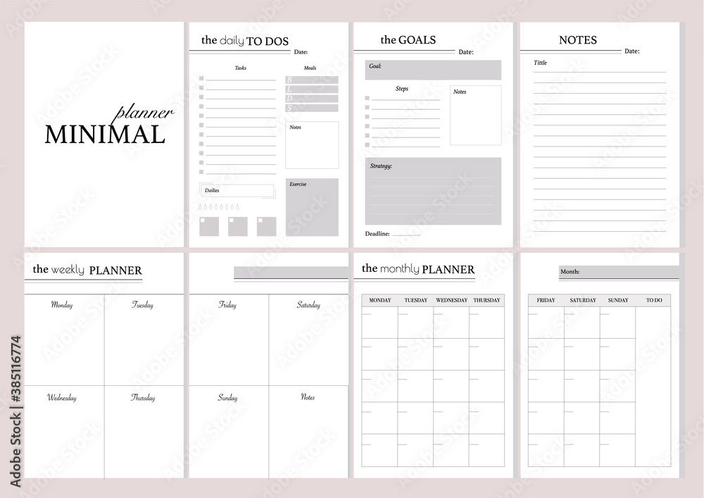 Set of minimalistic planners 2021 with pink floral cover.  Monthly, weekly,daily planner template. Business and time management. Paper sheet. Vector illustration. - obrazy, fototapety, plakaty 