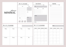 Set Of Minimalistic Planners 2021 With Pink Floral Cover.  Monthly, Weekly,daily Planner Template. Business And Time Management. Paper Sheet. Vector Illustration.