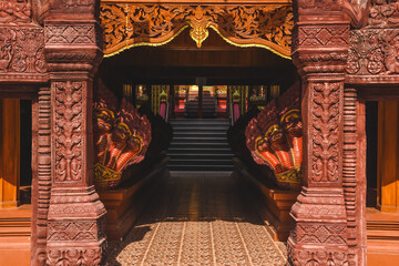 Naga statue at Temple in Thailand. Beautiful details of Thai fine arts at Buddhist temple.
