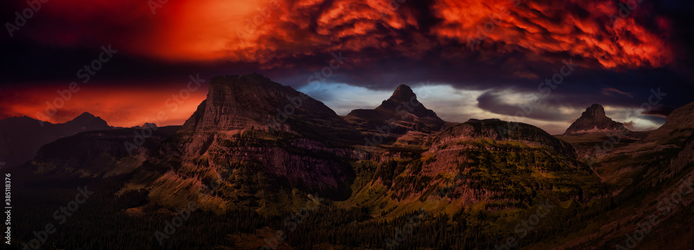 Beautiful Panoramic View of American Rocky Mountains. Dramatic Colorful Sunset Artistic Render. Landscape: Glacier National Park, Montana, United States. - obrazy, fototapety, plakaty 