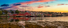 Lunenburg, Nova Scotia, Canada. Beautiful View Of A Historic Port On The Atlantic Ocean Coast. Colorful Cloudy Sunrise Artistic Render. Panorama