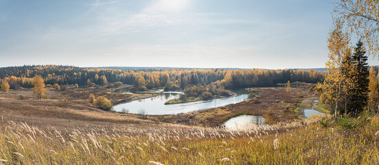 Wall Mural - panoramic autumn landscape of the river valley yellow, golden leaves and grass, sun rays.