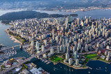 Fototapeta Miasta - Downtown Vancouver City, British Columbia, Canada. Beautiful Aerial View from Above of a Modern Cityscape. Colorful Vibrant Sunset. Urban Buildings, Bridges and Streets.