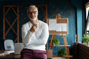 Casual Grey-haired Mature handsome businessman entrepreneur startup owner stand in modern office, posing in work space, business portrait