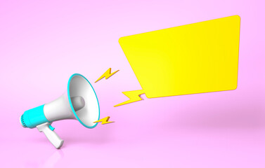 Wall Mural - Green megaphone and yellow bubble on a pink background. template blank. 3d render