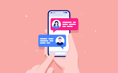 Poster - Text chat between woman and man on mobile phone - Hand holding smartphone with text messages popping out, showing profile pictures. Vector illustration.