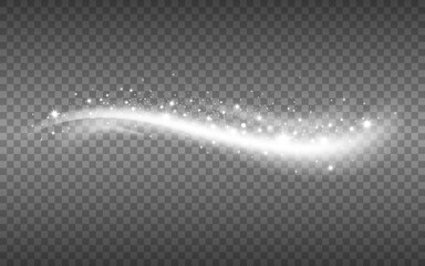 Poster - Glitter wave silver. Luxury element with white stardust. Glowing light effect for poster, brochure or card. Sparkling trail with bright particles. Magic flying snow. Vector illustration