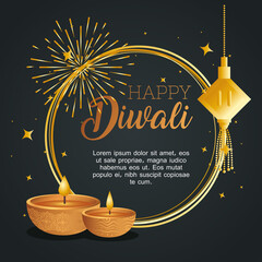 Canvas Print - Happy diwali with diya candles fireworks and furtune hanger design, Festival of lights theme Vector illustration