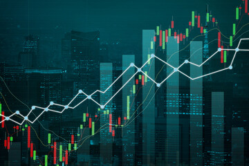 Double exposure business network connection and global economy and money  trading graph background. Trend of future digital business economy. elements of this Images furnished by NASA.