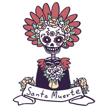 Calavera Woman On White Isolated Backdrop. Santa Muerte Text Poster For Invitation Or Gift Card, Notebook, Bath Tile, Scrapbook. Phone Case Or Cloth Print Art. Doodle Style Stock Vector Illustration