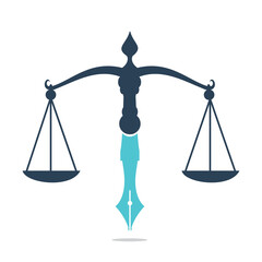 Law logo vector with judicial balance symbolic of justice scale in a pen nib. Logo vector for law, court, justice services and firms.	