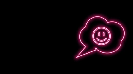 Poster - Glowing neon line Speech bubble with smile face icon isolated on black background. Smiling emoticon. Happy smiley chat symbol. 4K Video motion graphic animation