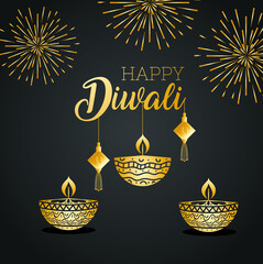 Wall Mural - Happy diwali with diya candles fireworks and fortune hangers design, Festival of lights theme Vector illustration