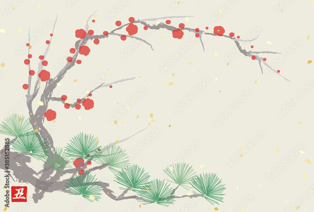 和風新年背景 年賀状 松と梅 Wall Mural Wallpaper Murals Umiberry