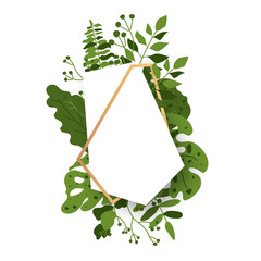 Poster - Abstract polyhedron gold floral frame with green exotic tropical leaves, branch, berries. Empty template for text. Luxury decorative modern polygonal geometric white banner closeup Vector illustration