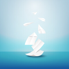 Aufkleber - Creative paper artwork with white origami paper airplane.Paper art of Imagination for education, idea and business concept.