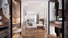 The beautiful modern house mock up and interior design of bedroom and wardrobe area and wood floor
